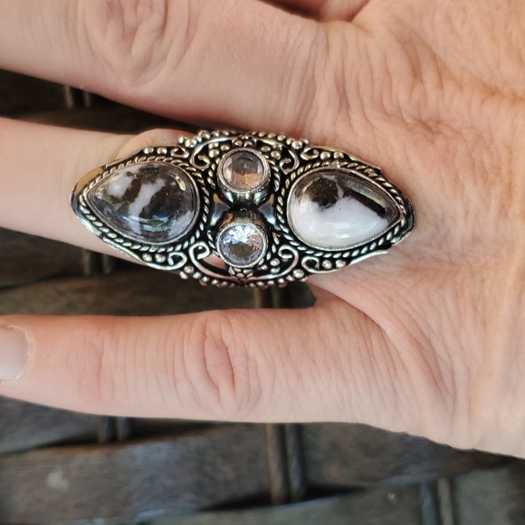 New Amazing Zebra Jasper and White Topaz 925 Silver Statement Ring. - Picture 6 of 16